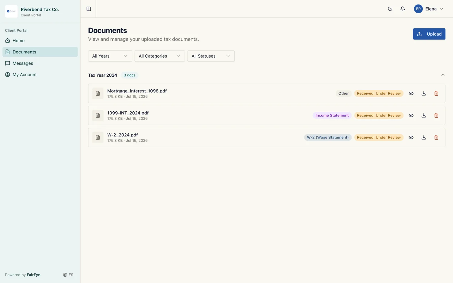 Client document upload and list view in the branded portal.