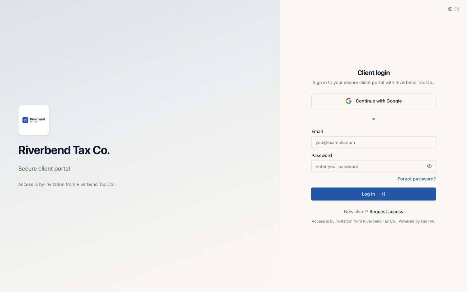 A tax firm's branded FairFyn client login, carrying the firm's own blue logo and color.