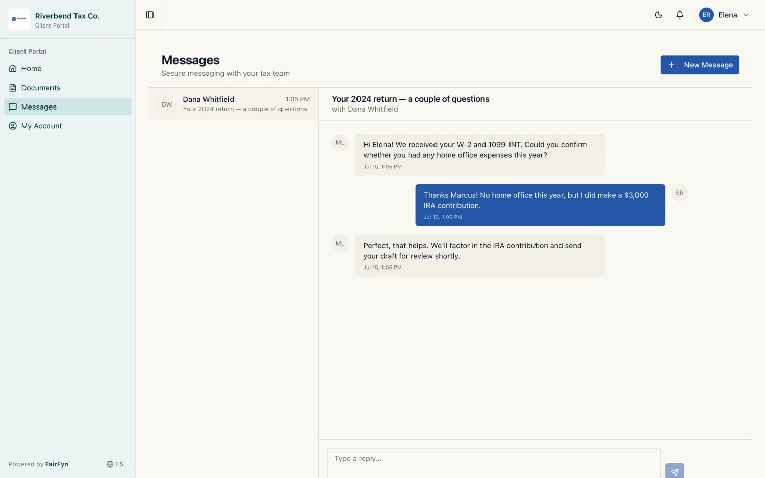 Client messaging view with the firm inside the branded portal.