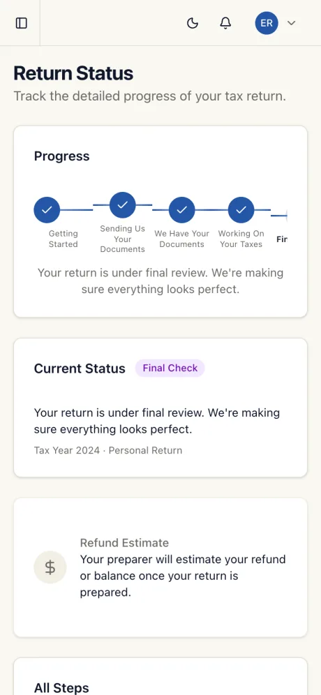 Client return-status tracking on a phone.