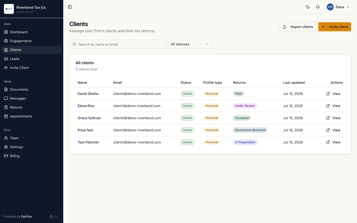 The firm's client list with a returns pipeline column for every client.