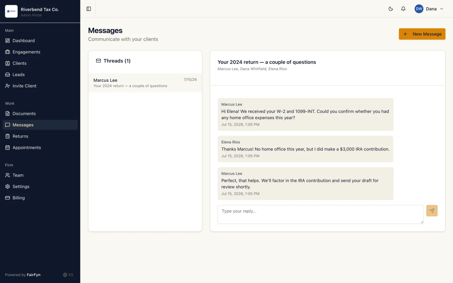The firm's messaging view for a client thread.